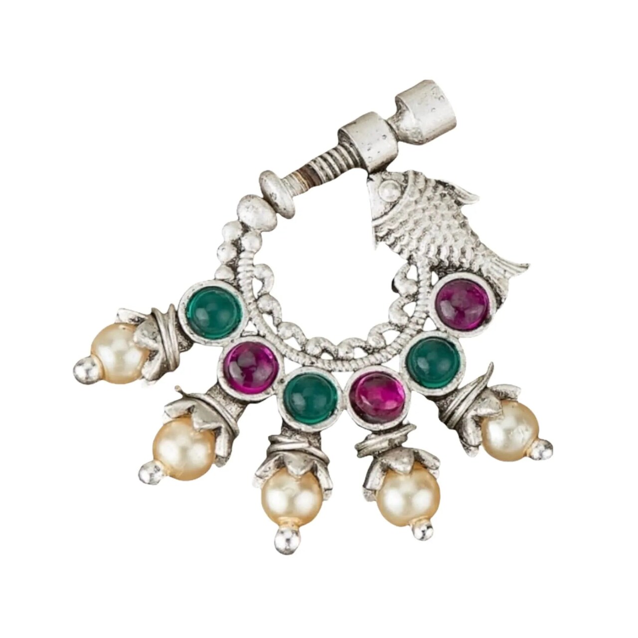 Screw Lock Nose Ring for Women - Indian Fish Nose Ring German Silver Nath with Rhodium Plating Faux Pearl Nosepin Non-Piercing Jewellery for Women - Birthday Gift for Her